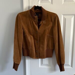 INC International Concepts Brown 100% Leather Suede Bomber Jacket Size Small